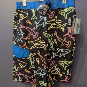 Joe Boxer 2 Pocket Neon Shark Swim Shorts Swim Trunks Boys  Sz 12/14 UPF 50+